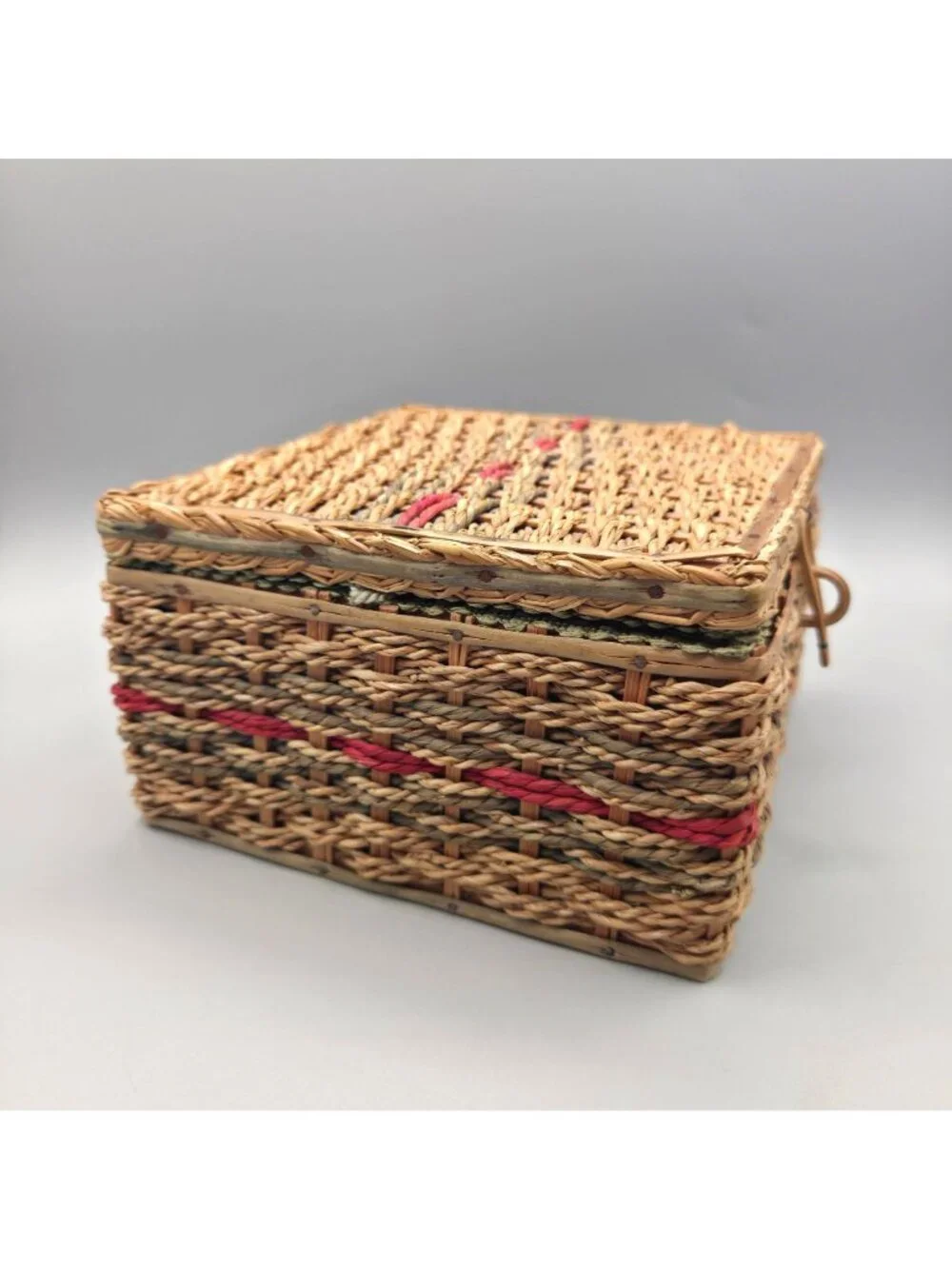 Vintage Woven Sewing Basket Hinged Lid Mid Century Green Satin Lining Cottage